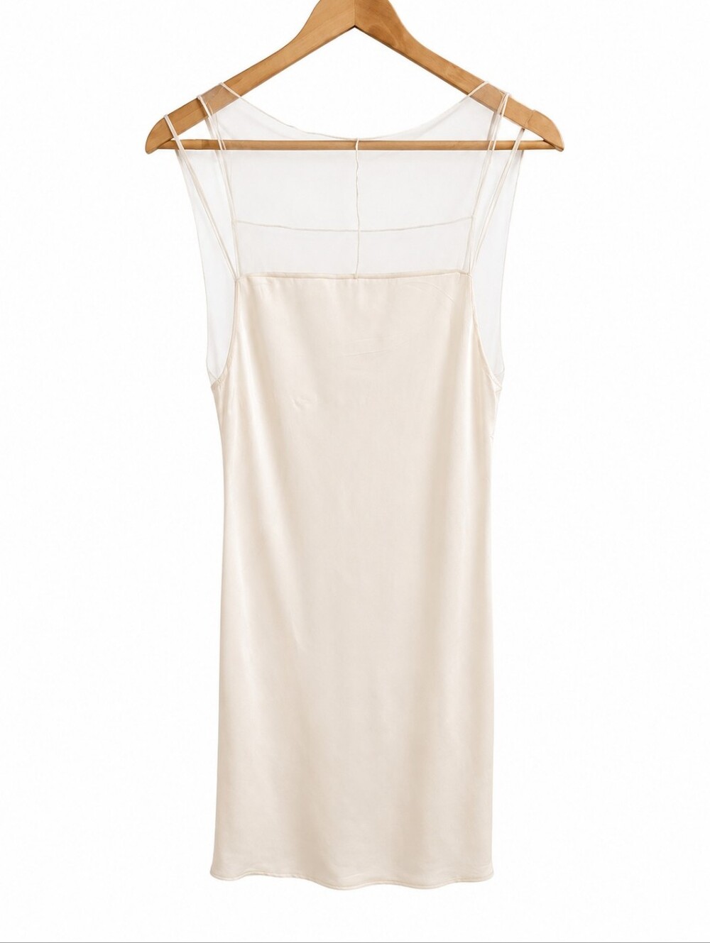 Zara Ivory Satin Mesh Slip Dress Midi Size M Minimalist Sheer Overlay Nude Neutr